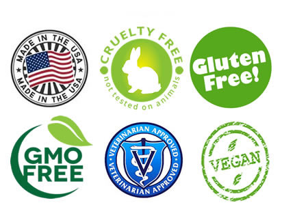 gluten free, made in usa, gmo free, vet approved, vegan, cruelty free